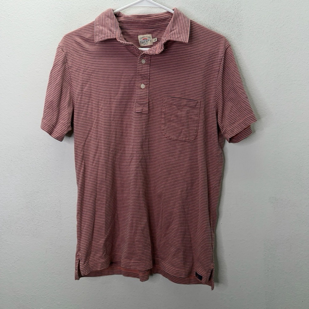 Faherty Red Blue Striped Polo Shirt M 100% Cotton Pocket Knit Preppy Collared